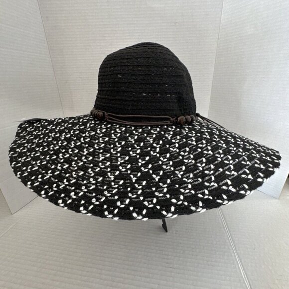 Fashion Hat Wide Brim Woven Sun Hat Beaded String Band NWT Black - Picture 13 of 15